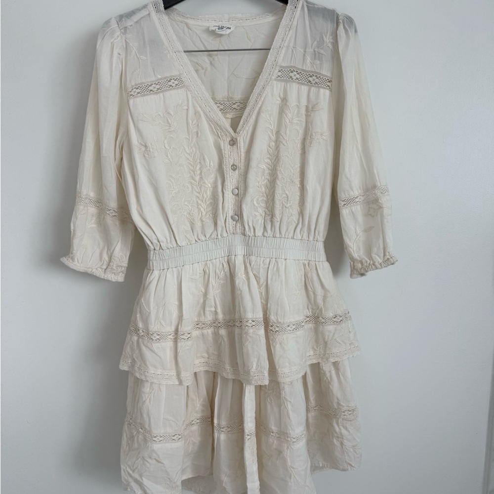 Boho Cream Embroidered V-Neck Tiered Long-Sleeve Dress
